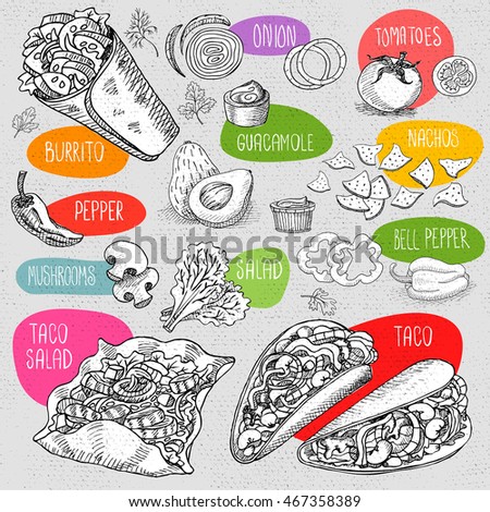 Set of stickers in sketch style, food and spices, old paper textured background. Fast food. Mexican food. Taco, burrito, ingredients, mushrooms, tomato, pepper, onion, salad.
