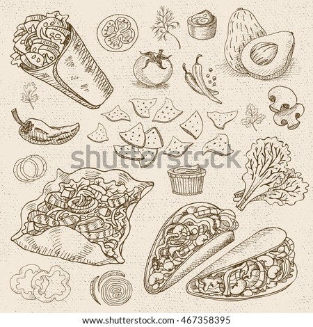 Set of stickers in sketch style, food and spices, old paper textured background. Fast food. Mexican food. Taco, burrito, ingredients, mushrooms, tomato, pepper, onion, salad.
