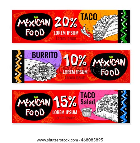 Set of stickers in sketch style, food and spices, old paper textured background. Fast food. Mexican food. Banners, Taco, burrito, ingredients, mushrooms, guacamole, tomato, pepper, onion, salad.