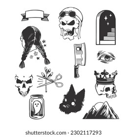 Set of stickers with skulls, story elements, eye, scissors, starry sky, cleaver, girl. Vector image of EPS 10