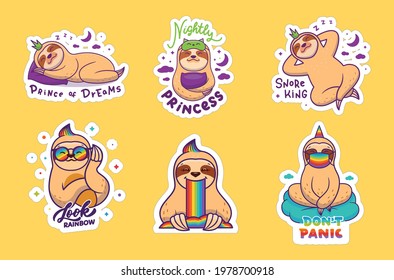 The set of stickers for sleepy and rainbow day. Hand-drawn collection of cartoon sloths with lettering phrases. The vector illustration