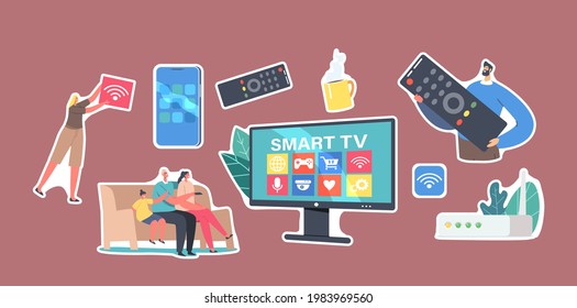 Set of Stickers Smart Tv Theme. Family Characters Sitting on Sofa Watch Video, Man with Huge with Remote Control Smartphone with Multimedia Icons, Box Console, Cartoon People Vector Illustration