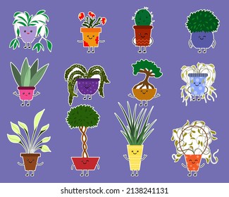 A set of stickers of smiling Kawaii houseplants with arms and legs. Flat style. Isolated vector illustration.