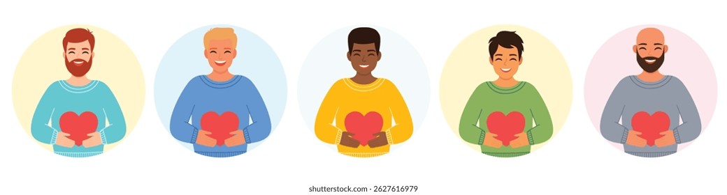 A set of stickers of smiling men in love of different races. Collection of avatars. Vector clipart