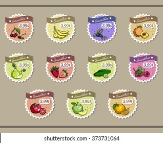 Set of stickers for smoothie with cherry, banana, strawberry, cucumber, raspberry and others. Vector illustration.