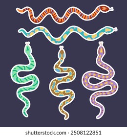 Set of stickers with snakes. Vector illustration illustration in simple contemporary boho style.