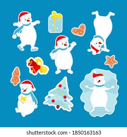 Set of stickers snowmen in different poses, as well as Christmas trees, gingerbread cookies, bells, gift. Сharacters are standing on their hands, skating, sitting with an asterisk in their hand.
