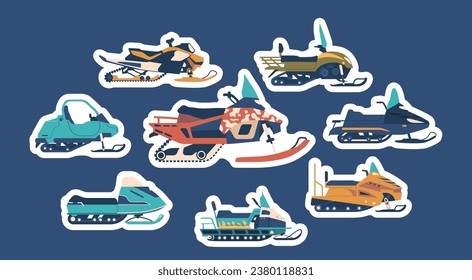 Set of Stickers with Snowmobiles, Winter Machines For Snowy Adventures With Powerful Engines And Skis For Smooth Glides