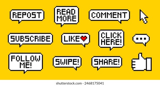 A set of stickers for social networks in pixel style. Call-To-Action speech bubbles with text: swipe, comment, subscribe, like, share and others. 8 bit elements on a yellow background.