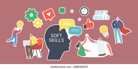 Set of Stickers Soft Skills in Business. Characters Communication, Human Head, Office Workers Empathy, Idea Development or Education at Work. Colleagues Give Five. Cartoon People Vector Illustration