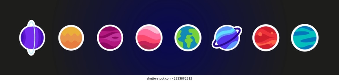 Set of stickers Solar system planets colored icons. Vector Illustration. Isolation on dark blue background. Flat style.