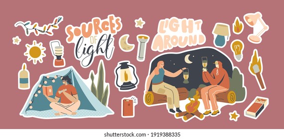 Set of Stickers Sources of Light. Men and Women with Flashlight, Lantern and Matches or Candles at Night Camp. Characters Use Different Supplies for Illumination. Cartoon People Vector Illustration