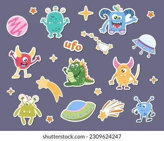 A set of stickers from space cartoons, cartoon monsters, aliens.