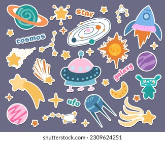 A set of stickers from space cartoons, cartoon monsters, aliens.