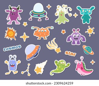 A set of stickers from space cartoons, cartoon monsters, aliens.