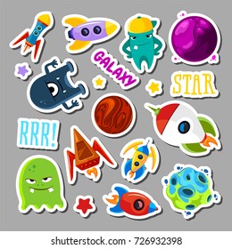 Set of stickers with space objects and monsters. Cartoon vector illustration for children. Monster alien and ufo spaceship stickers collection