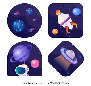 Set of stickers with space. Rocket near stars and planets. Galaxy and universe. Astronomy and astrology. Travel and adventure. Flat vector collection isolated on white background