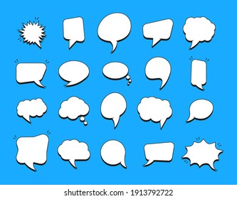 Set of stickers of speech bubbles for comics. Empty comic speech bubbles. Speak bubble text, chatting box, message box, outline cartoon.