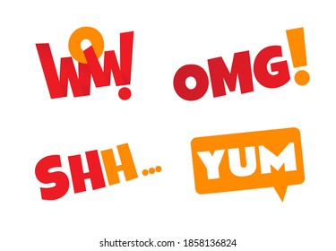 A set of stickers with speech bubbles and Wow, Shh, OMG, Yum words. Yum text in the speech bubble. Yummy concept design doodle for print. Printable graphic tee. Colorful vector illustration. 