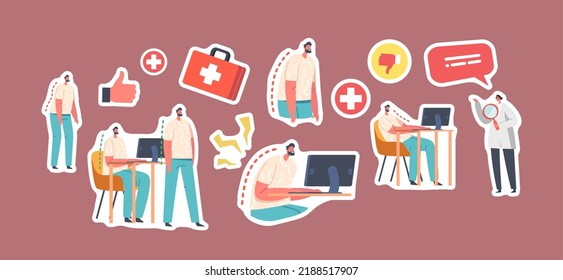 Set of Stickers Spinal Deformity, Scoliosis and Spine Backbone Curvature Concept. Male Characters Standing and Sitting at Desk at Correct and Wrong Posture of Back Bones. Cartoon Vector Patches