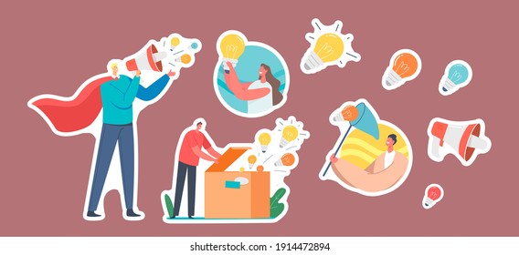 Set Stickers Spread Knowledge Ideas. Male Character Wear Red Superhero Cloak with Loudspeaker, Woman with Light Bulb, Open Box with Lamps Flying Out, Catch with Net. Cartoon People Vector Illustration