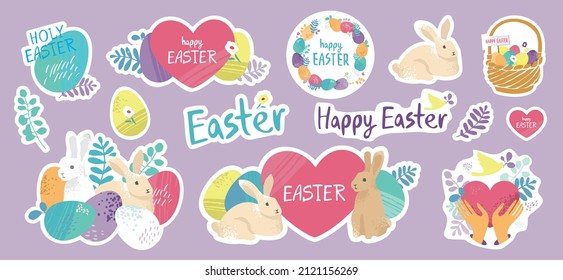 Set of stickers for the spring Easter holiday is isolated on purple. Collection of symbols with flowers, rabbits, eggs, floral elements, flowers for decoration of cards, posters. Vector illustration