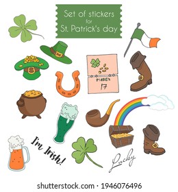 Set of stickers for St. Patrick's day. Vector illustration.  Stock vector. Drawn stickers.  Decorative element