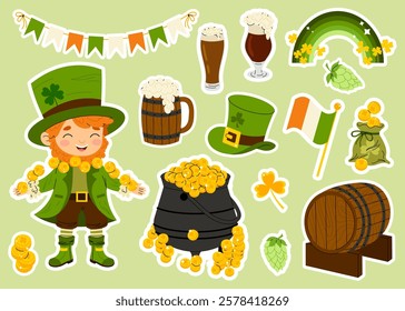 Set stickers for St. Patrick's Day. Glasses of beer, cauldron gold, clover, flags, coins. Leprechaun mythical character. Flat illustration isolated on white background.