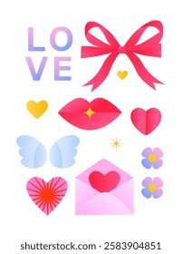 A set of stickers for St. Valentine's Day. Bow, hearts on a white background.