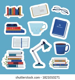 Set of stickers with stack of books, bookshelf, lamp and glasses isolated. Stylish Modern print with books.
