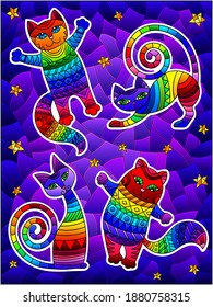 Set of stickers in stained glass style with funny cartoon cats on the background of the night blue sky with stars