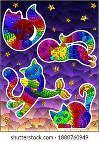 Set of stickers in stained glass style with funny cartoon cats on the background of the night blue sky with stars