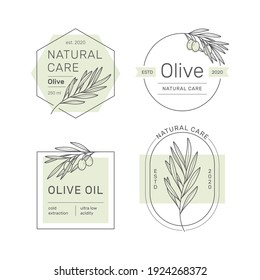 Set of stickers, stamps, tags for olive oil, soap, cosmetics and other. Minimal linear style. Vector illustration