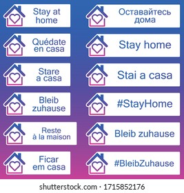 Conjunto de adesivos com sinal de estadia em casa em diferentes línguas europeias. Casa quadro com coração dentro ícone. Fundo preto. Ilustração de vetor de gradiente azul e roxo.