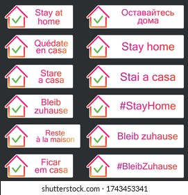 Set of stickers with stay home sign in different european languages. House frame with green check mark icon. Black background. Orange and purple gradient vector illustration.