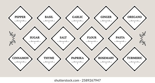 A set of stickers for storing spices. square modern kitchen stickers. sugar, salt, coffee, basil, pepper, cinnamon