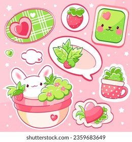 Set of stickers with strawberry and little bunny in kawaii style. Cute eye-catching summer strawberry tag collection in pink and green colors. Vector illustration EPS8