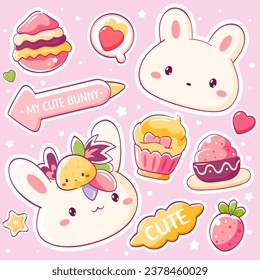 Set of stickers with strawberry and little bunny in kawaii style. Cute eye-catching summer strawberry tag collection. Vector illustration EPS8