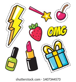 set of stickers strawberry nail polish lipstick ray gift decoration pop art elements vector illustration