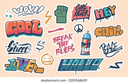 Set of Stickers with Street Art Lettering. Wow, Cool, Break the Rules. Chill, Hey, Hallo and Girl Power. Love or Peace