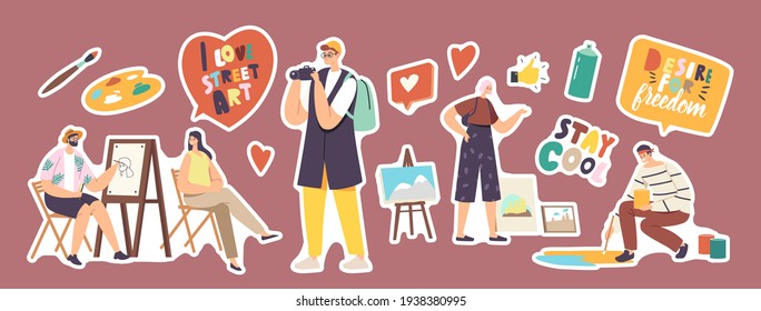 Set of Stickers Street Artist Theme. Man Painting Portrait of Girl Sitting in Front of Easel. Painter Holding Brush, Drawing on Asphalt. Outdoor Creative Hobby, Art. Cartoon People Vector Illustration