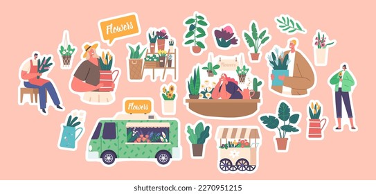 Set of Stickers Street Flower Shop with Customers Choosing and Buying Flower Bouquets, Florists Caring of Plants