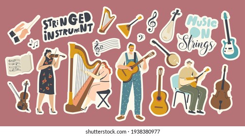 Set of Stickers Stringed Instruments Theme. Musician Characters Playing Music on Violin, Harp, Guitar or Balalaika, Artist Orchestra Concert, Folk Performance. Cartoon People Vector Illustration