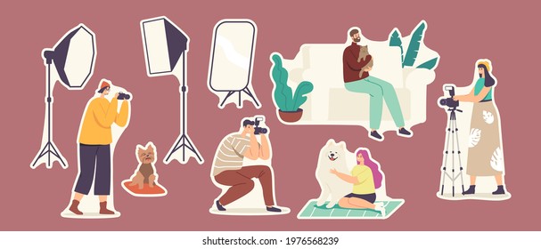 Set of Stickers Studio Pets Photo Session, Domestic Animals Photography. Photographer Characters Make Photos of Dogs and Cats with Professional Light Equipment. Cartoon People Vector Illustration