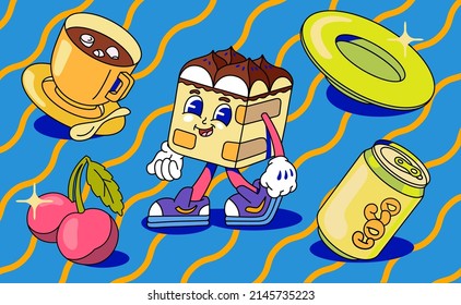 Set of stickers in the style of 90s. Cartoon tiramisu with cherry with a trendy palette.