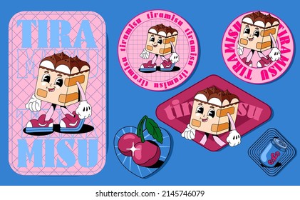 A set of stickers in the style of the 90s. Cartoon characters of tiramisu, cherries, cola on a blue background.