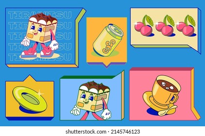 A set of stickers in the style of the 90s. Cartoon tiramisu with geometric bubbles on a blue background.
