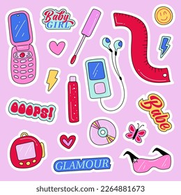 A set of stickers in the style of Y2K. Cute pink doodle 2000s pack
