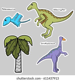 set of stickers stylized dinosaur and tree