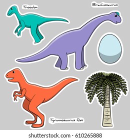 Set of stickers stylized dinosaurs, egg, tree
